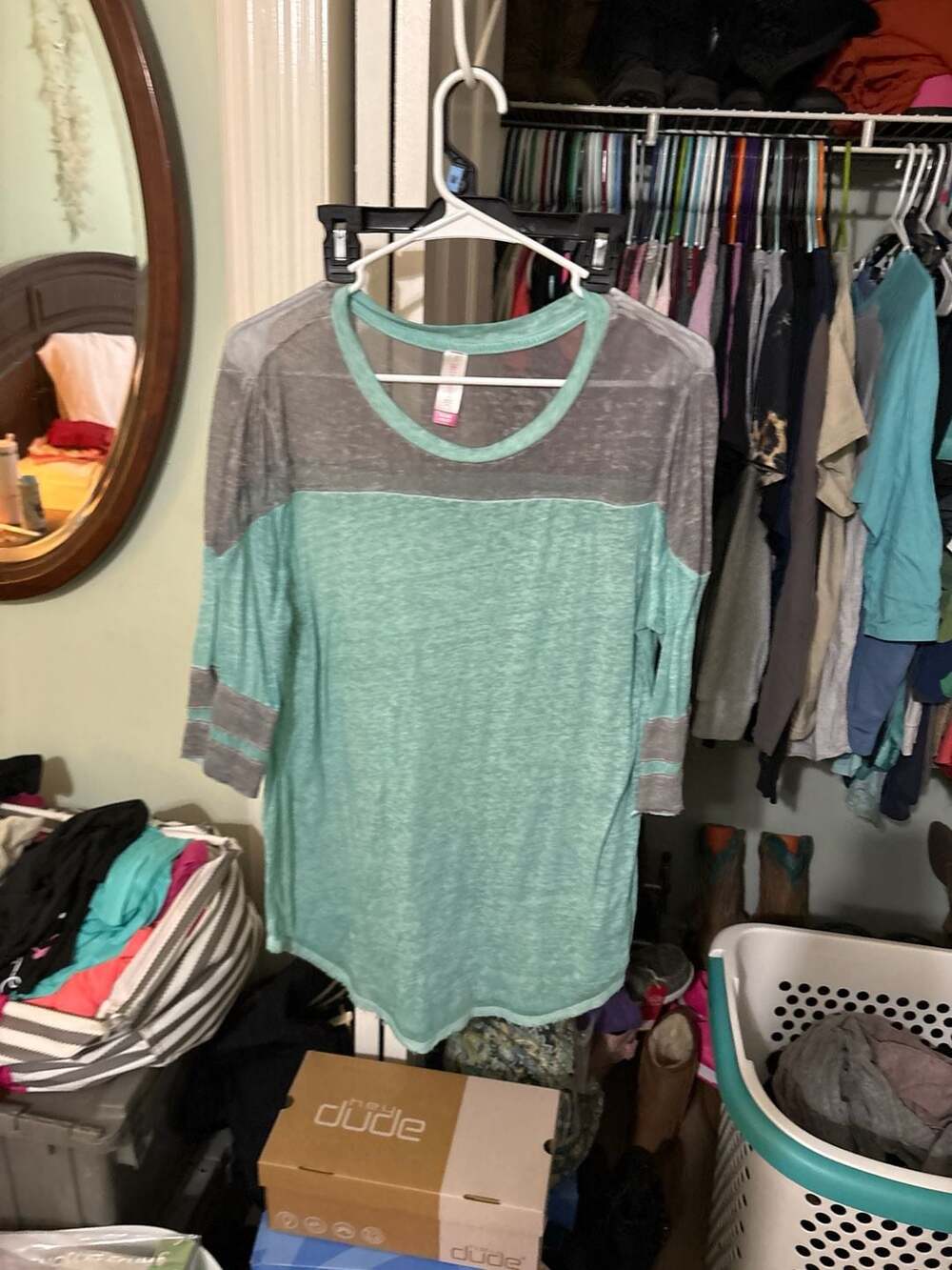 No Boundaries Juniors Teal and Grey Sheer Burnout Varsity Stripe 3/4 Sleeve Top